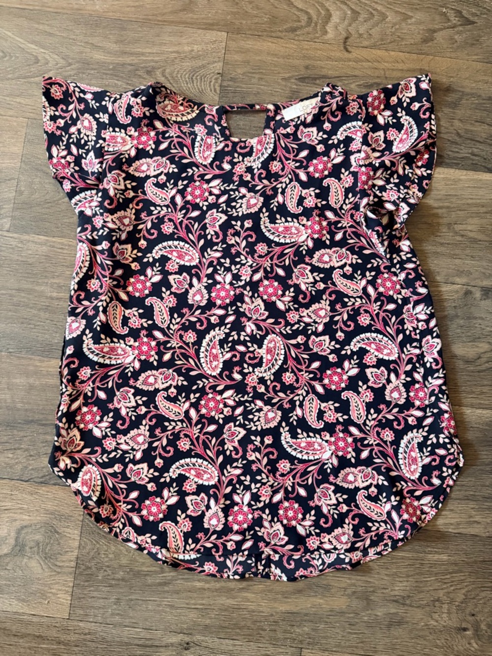 LOFT Black Blouse with Pink and Cream Floral Paisley Print Size Small